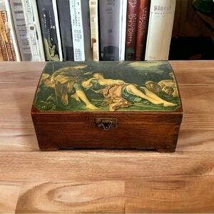 VNT Wood Box Victorian Florentine Pictorial Italian Jewelry Trinket Box Keepsake